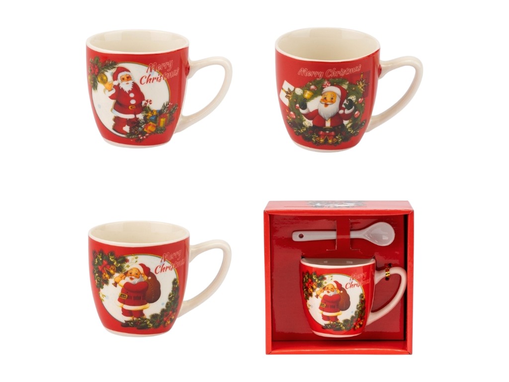 Кружка с ложечкой Happy Santa, 180 мл, праздничный дизайн, 3 вида (цена за 1шт)