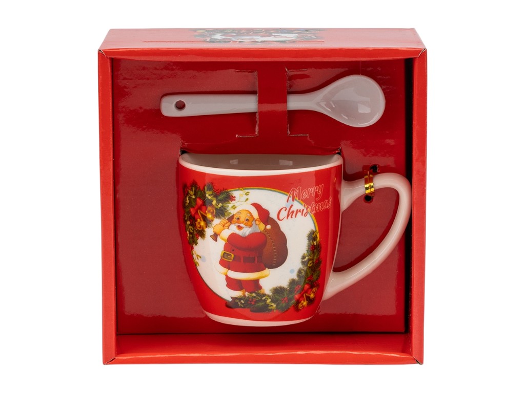 Кружка с ложечкой Happy Santa, 180 мл, праздничный дизайн, 3 вида (цена за 1шт)