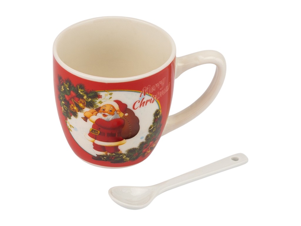 Кружка с ложечкой Happy Santa, 180 мл, праздничный дизайн, 3 вида (цена за 1шт)
