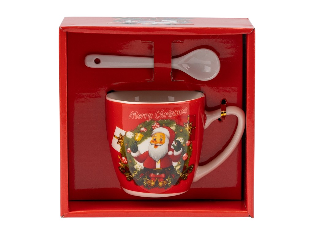 Кружка с ложечкой Happy Santa, 180 мл, праздничный дизайн, 3 вида (цена за 1шт)