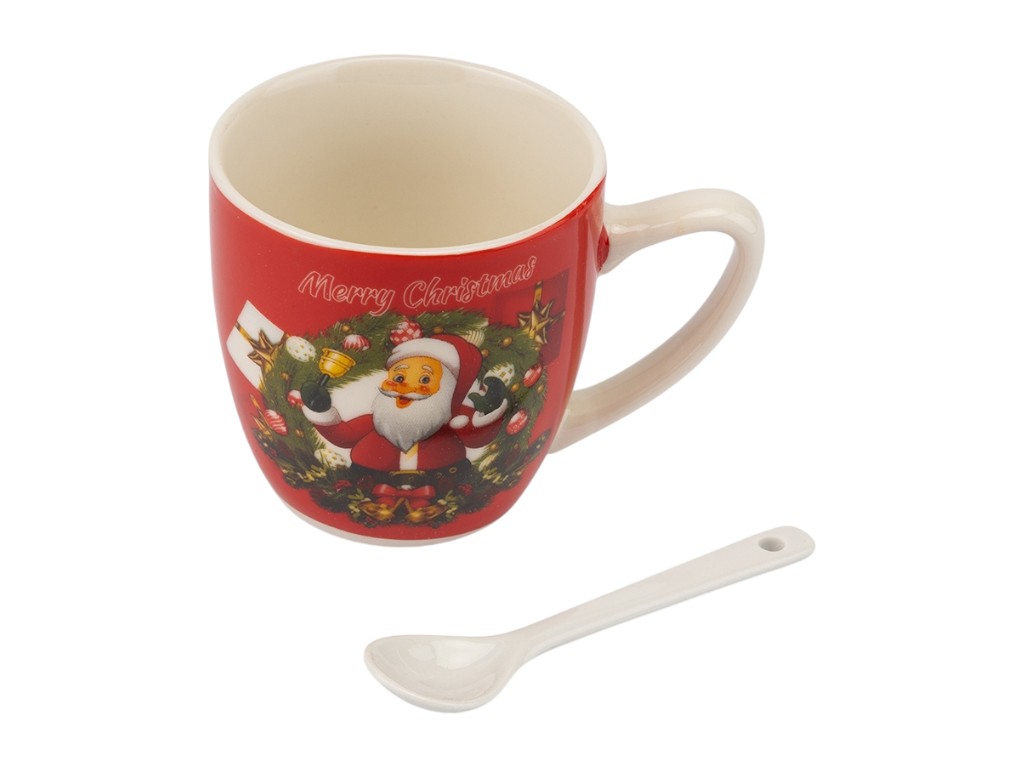 Кружка с ложечкой Happy Santa, 180 мл, праздничный дизайн, 3 вида (цена за 1шт)