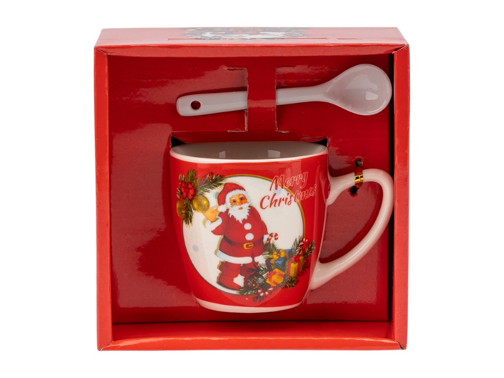 Кружка с ложечкой Happy Santa, 180 мл, праздничный дизайн, 3 вида (цена за 1шт)