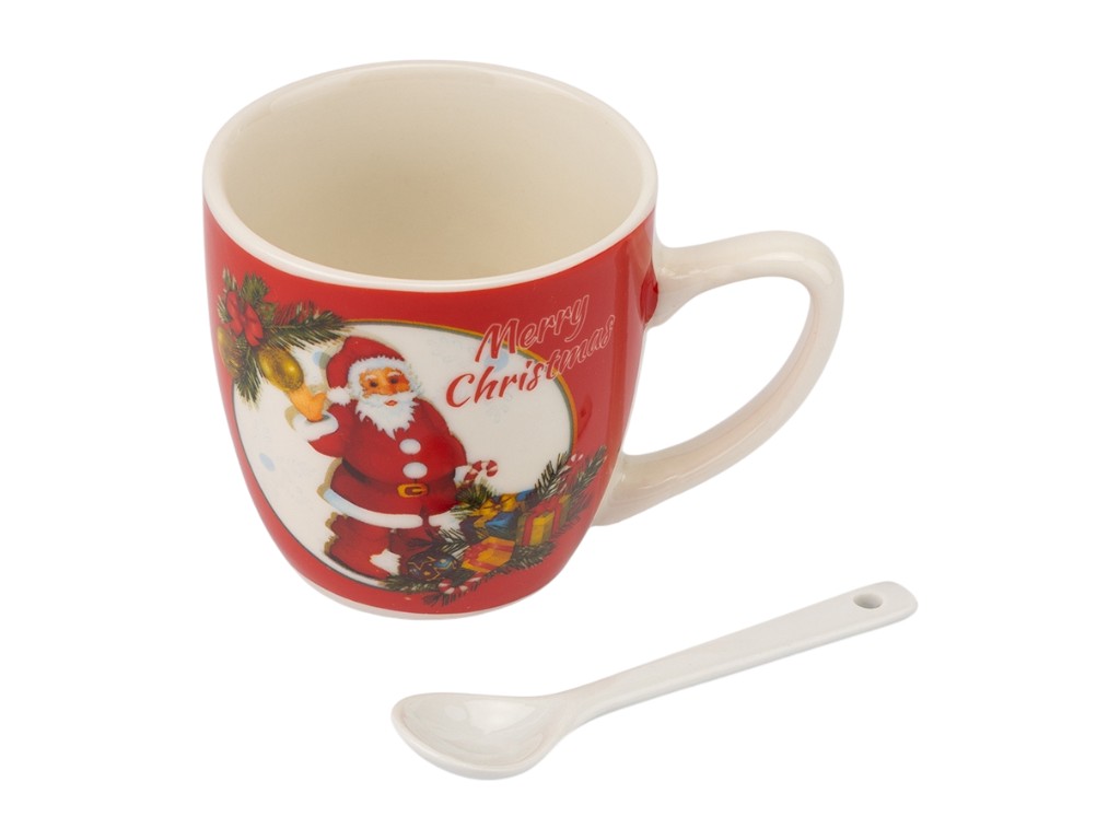 Кружка с ложечкой Happy Santa, 180 мл, праздничный дизайн, 3 вида (цена за 1шт)