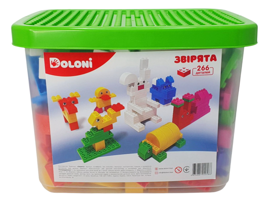 Конструктор блочний Звірята, 266 елементів, у пластиковому боксі, Doloni Toys