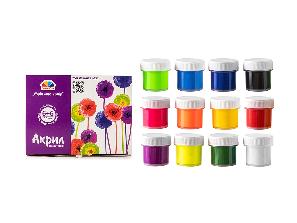 Краски акриловые матовые, 6+6 цветов, Флуорисцентные, 10мл, Гамма