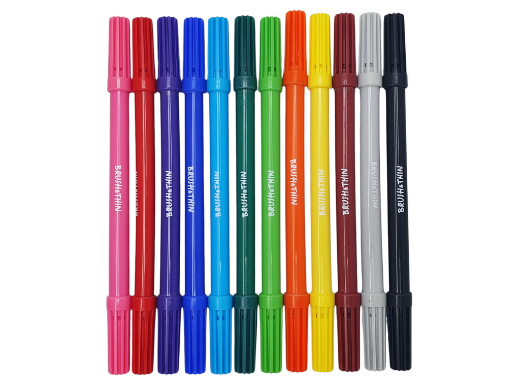 Набор фломастеров Brush&Thin с кисточкой 12 шт, Hiper