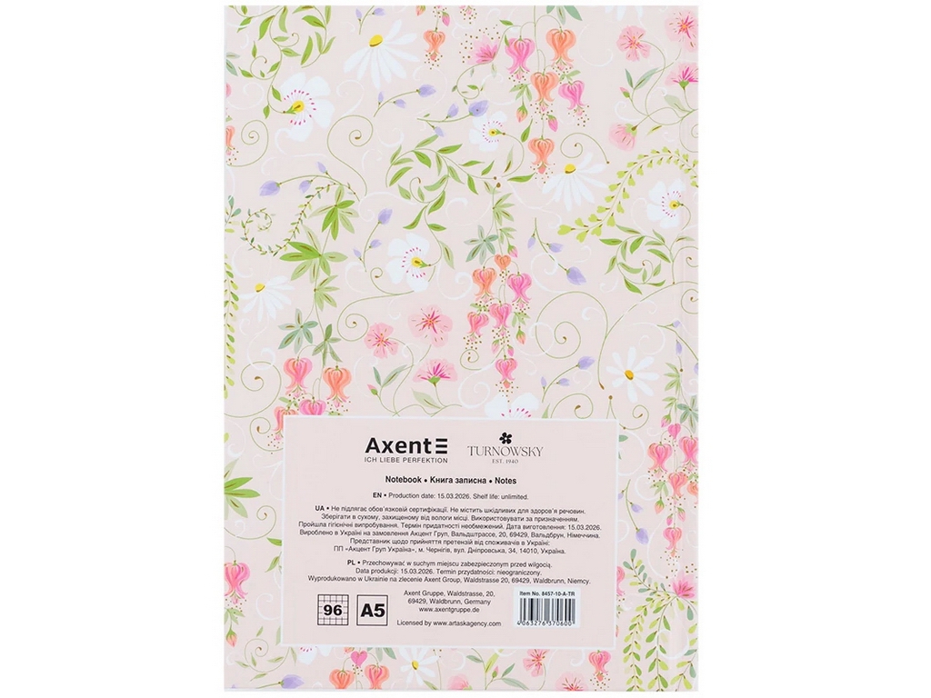 Книга записная твердая обложка в кисти А5, 96 листов, Turnowsky Floral, Axent 8457-10-A-TR