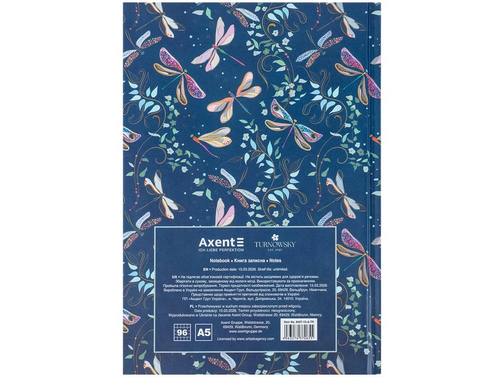 Книга записная твердая обложка в кисти А5, 96 листов, Turnowsky Floral, Axent 8457-15-A-TR