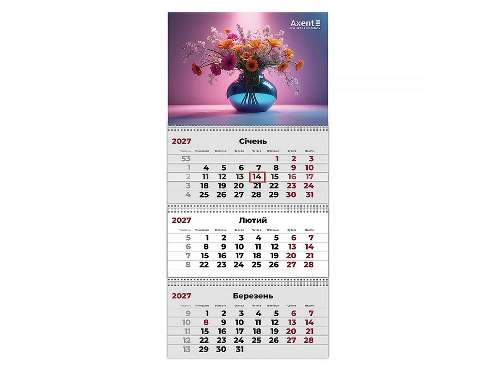 Календарь настенный квартальный Axent Magic Flowers 3 на 2027 год, 3 пружины, 297×630 мм
