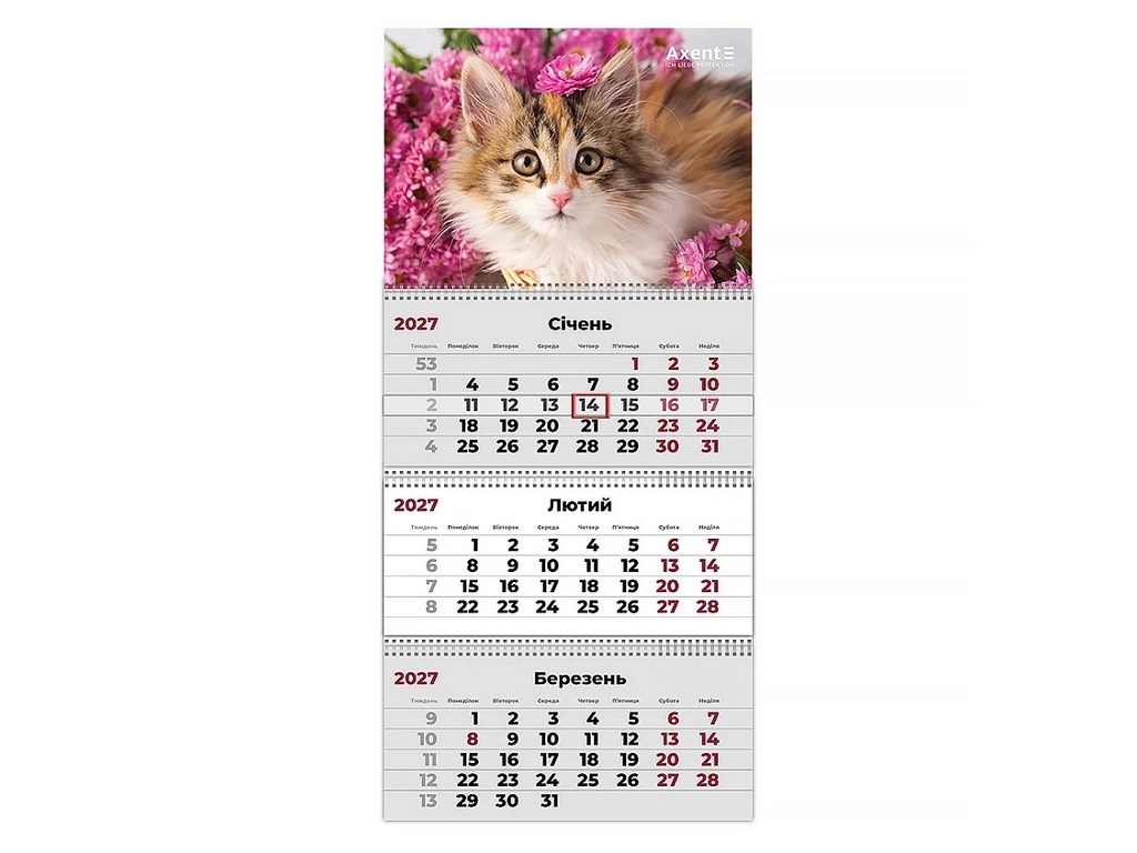 Календарь настенный квартальный Axent Cats 3 на 2027 год, 3 пружины, 297×630 мм
