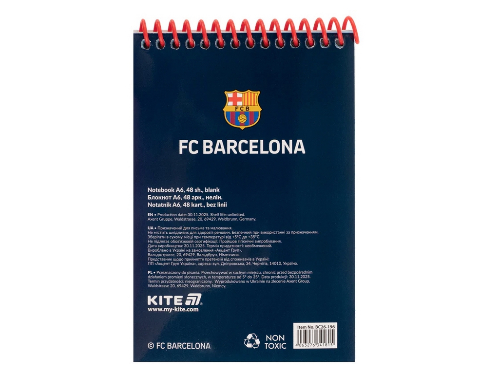 Блокнот А6 на спіралі Kite FC Barcelona BC26-196, 48 аркушів, нелінований