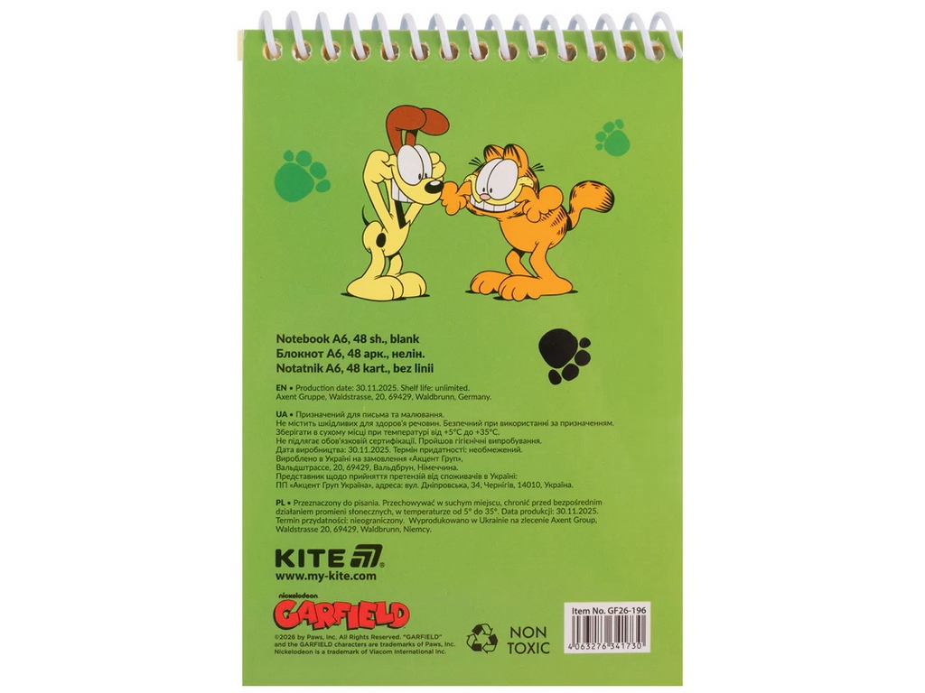 Блокнот на спіралі нелінований Kite Garfield A6, 48 арк., білий папір, Kite