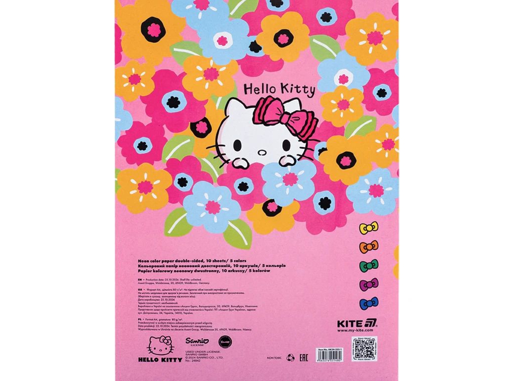 Папір кольоровий неоновий Hello Kitty А4, 10 аркушів, 5 кольорів, Kite