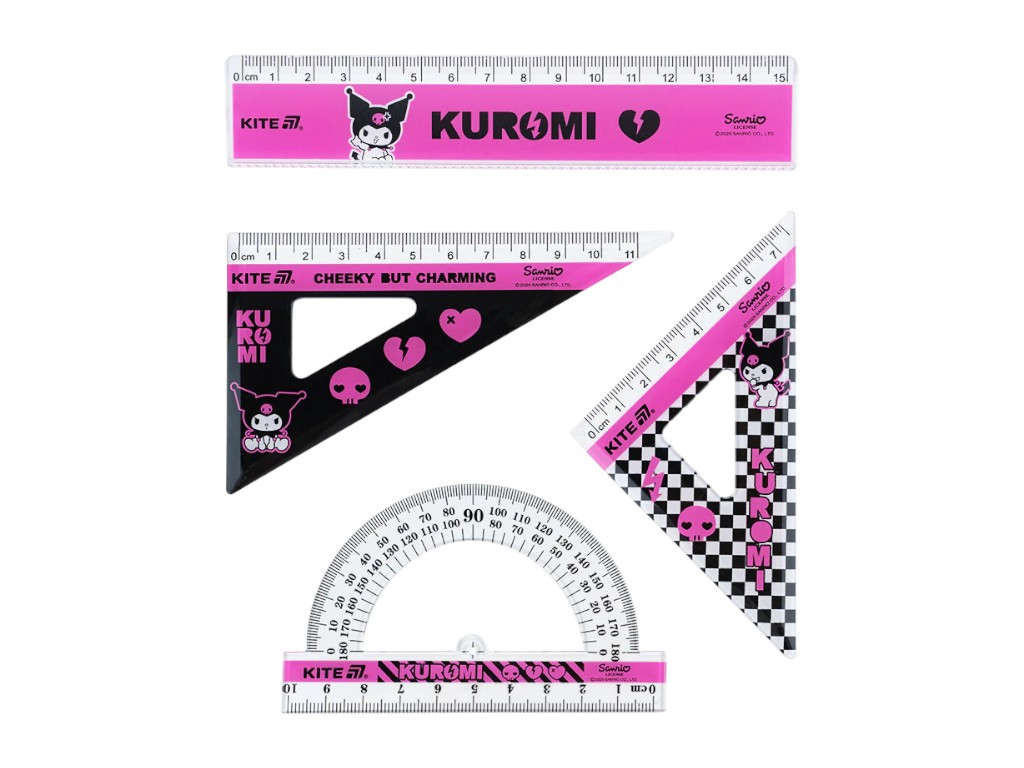 Набір для креслення Kite Kuromi HK25-282, лінійка 15 см, 2 косинця, транспортир, Kite