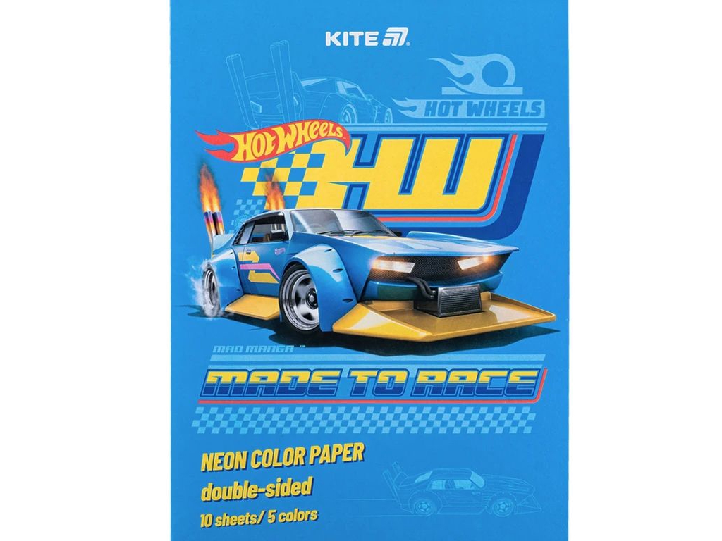 Папір кольоровий неоновий Hot Wheels А4, 10 аркушів, 5 кольорів, Kite