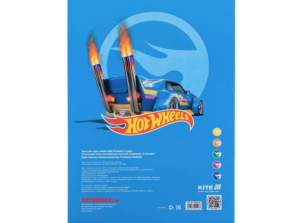 Папір кольоровий неоновий Hot Wheels А4, 10 аркушів, 5 кольорів, Kite