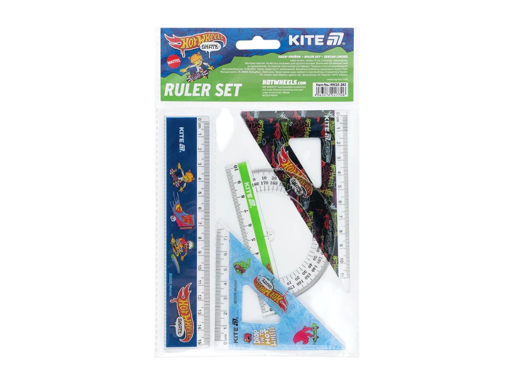 Набір: лінійка 15 см, 2 косінця, транспортир, з принтом Hot Wheels Skate, Kite