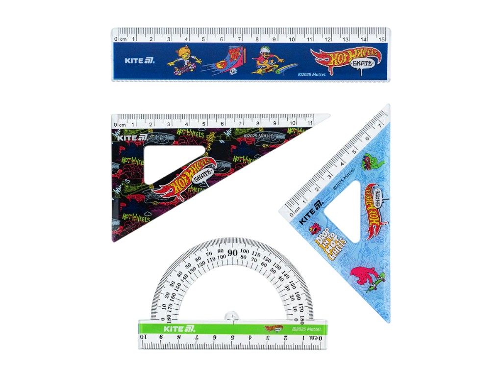 Набір: лінійка 15 см, 2 косінця, транспортир, з принтом Hot Wheels Skate, Kite
