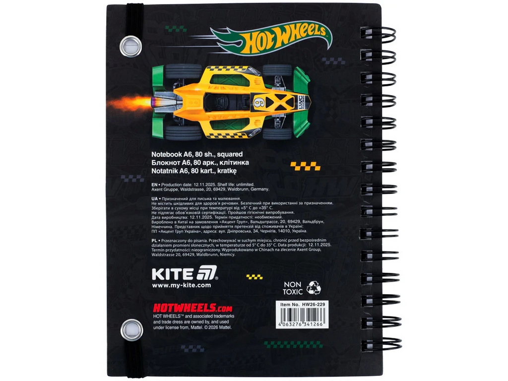 Блокнот А6 на спирали Hot Wheels Kite HW26-229, клетка, 80 листов