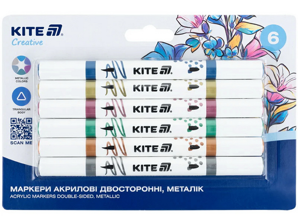 Маркери акрилові двосторонні, металізовані Kite Creative K-1294, 6 кольорів
