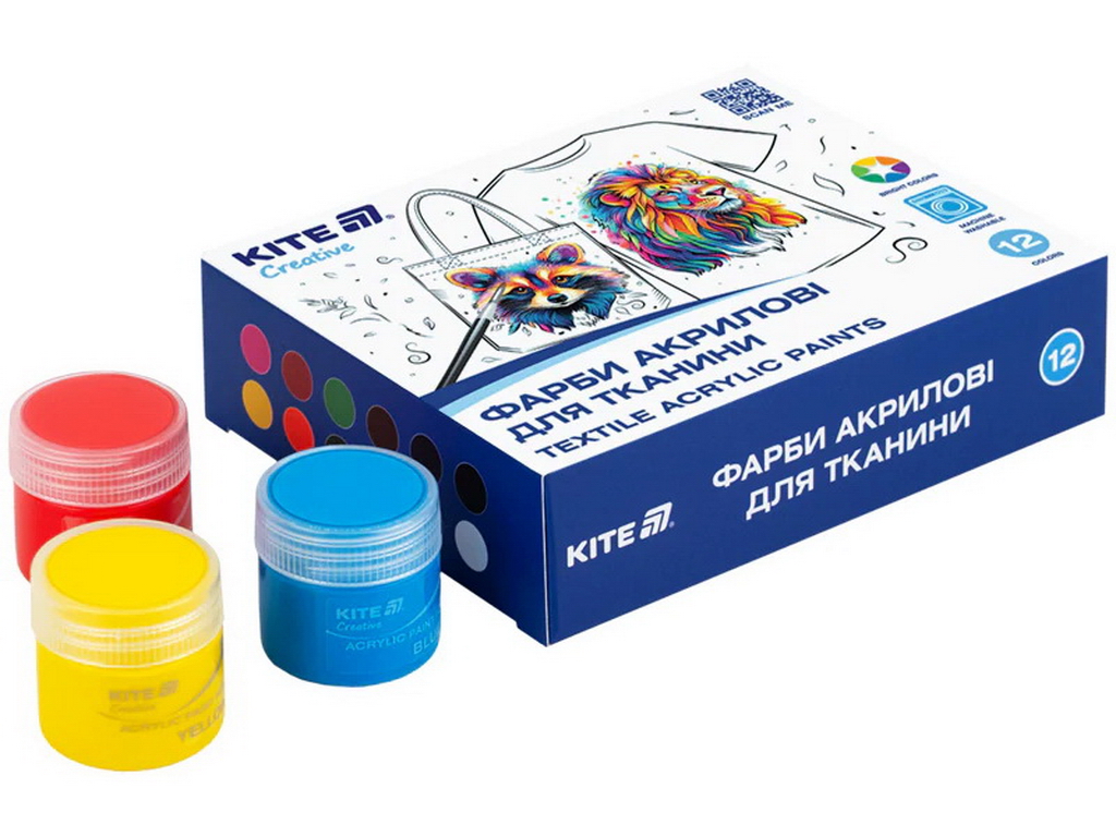 Фарби акрилові для тканини Kite Creative K-276, 12 кольорів, 20 мл