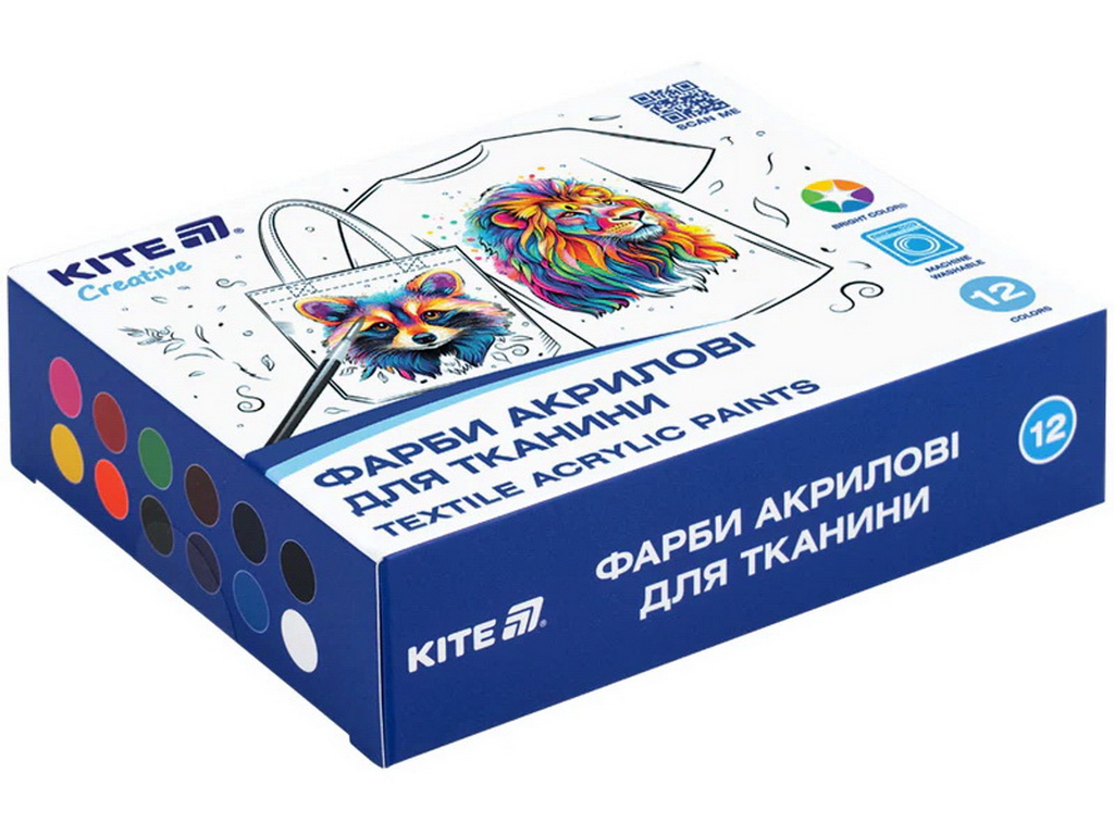 Фарби акрилові для тканини Kite Creative K-276, 12 кольорів, 20 мл