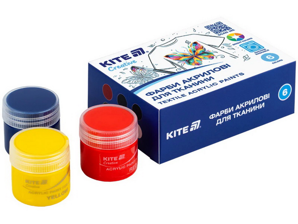 Фарби акрилові для тканини Kite Creative K-277, 6 кольорів, 20 мл