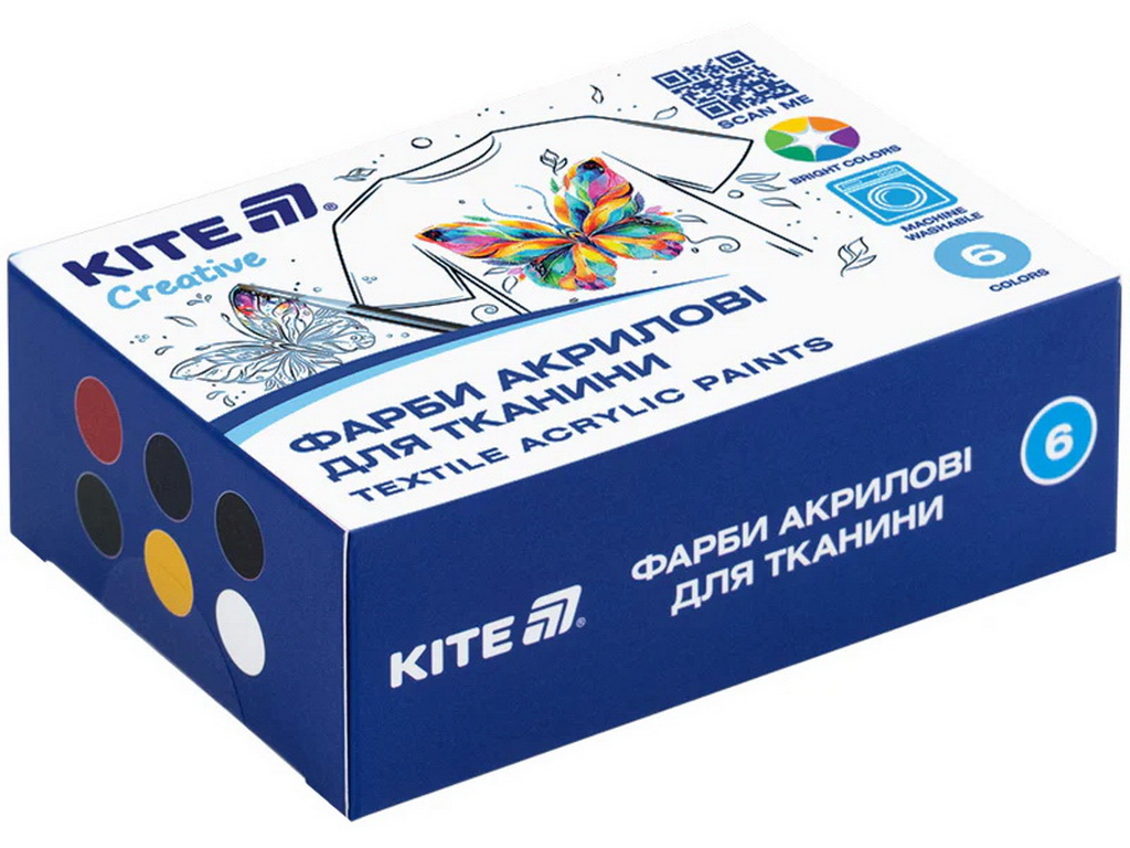 Фарби акрилові для тканини Kite Creative K-277, 6 кольорів, 20 мл