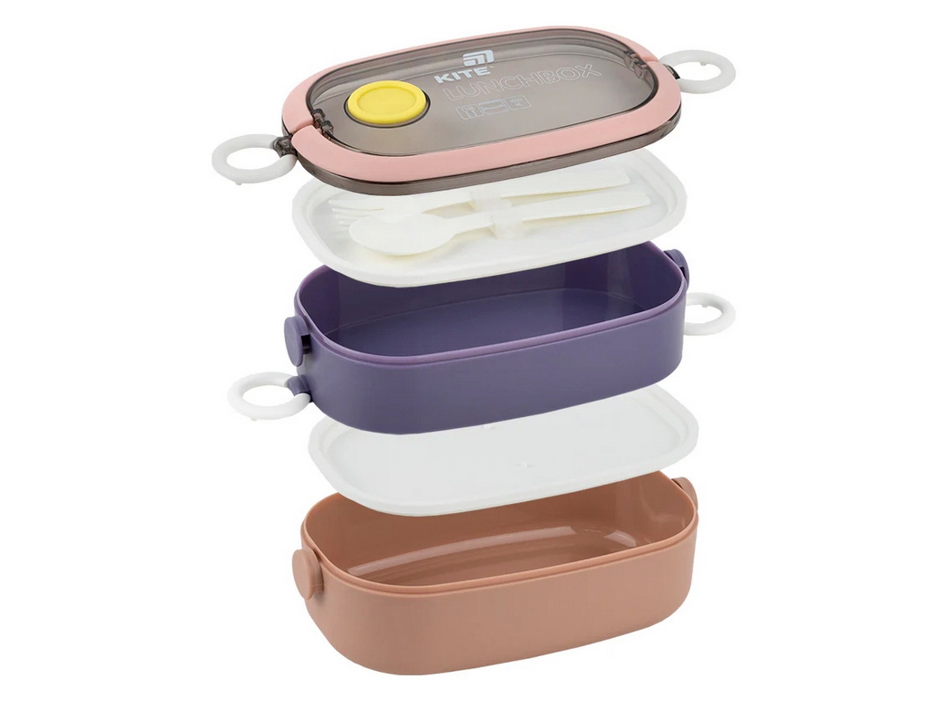Ланчбокс подвійний, 1600 мл, з ложкою та вилкою, прозора кришка з клапаном, коричневий