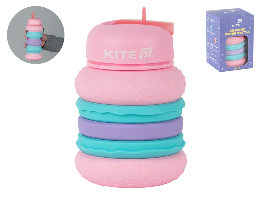 Складная силиконовая бутылка для воды Kite, 600 мл, с трубочкой и карабином