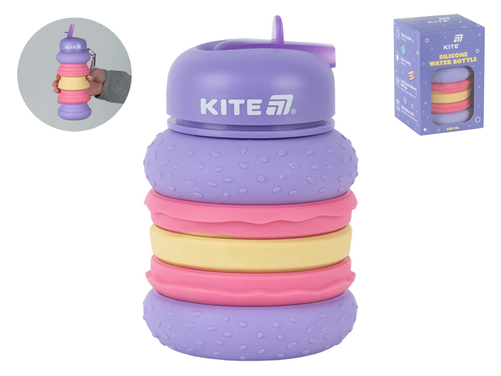 Складная силиконовая бутылка для воды Kite, 600 мл, с трубочкой и карабином