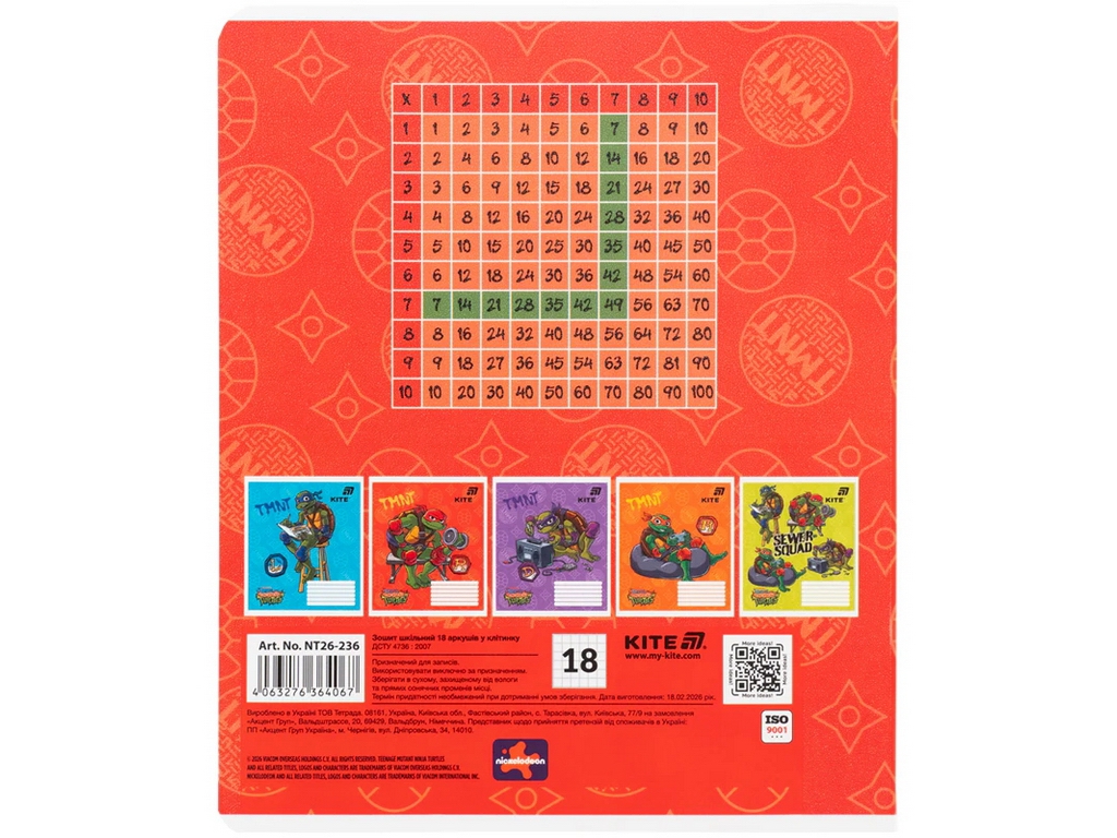 Зошит шкільний Kite Ninja Turtles, 18 аркушів, клітинка, 5 видів (ціна за 1шт), Kite