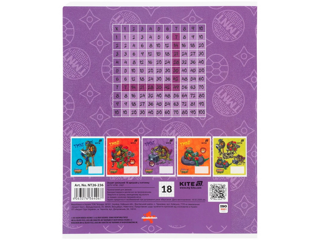 Зошит шкільний Kite Ninja Turtles, 18 аркушів, клітинка, 5 видів (ціна за 1шт), Kite