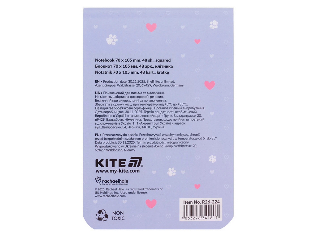 Блокнот кишеньковий A7 у клітинку Kite Rachael Hale R26-224, 48 аркушів
