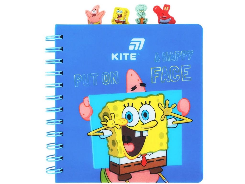 Блокнот із розділювачами SpongeBob SquarePants, 80 аркушів, клітинка, пластикова обкладинка, Kite