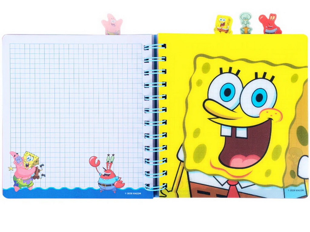 Блокнот із розділювачами SpongeBob SquarePants, 80 аркушів, клітинка, пластикова обкладинка, Kite