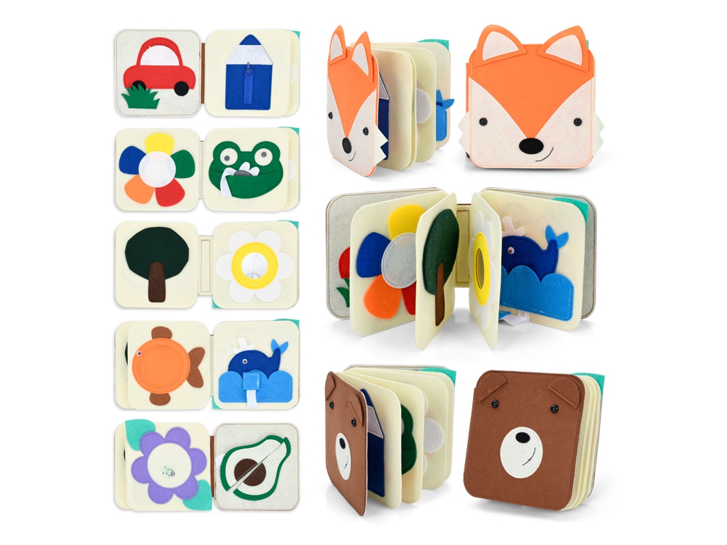 М’яка бізі-книжка 25002-25003, 15×15 см, з блискавкою, дзеркалом і рухомими деталями, 2 вида