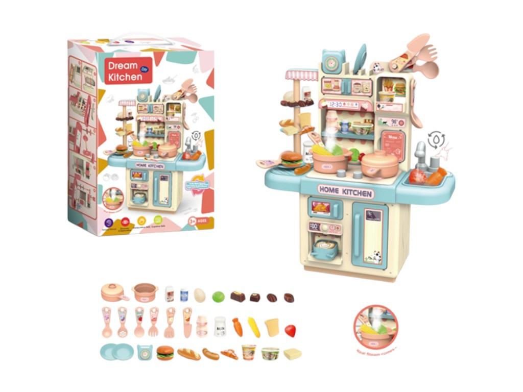 Игрушечная кухня с плитой, мойкой, светом и паром, посуда и продукты