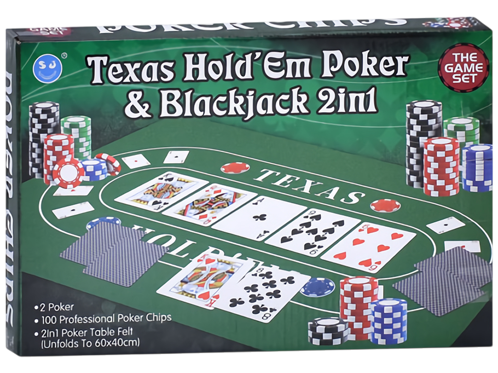 Настольная игра покер и блэкджек Texas Hold'em, 2 колоды карт и фишки