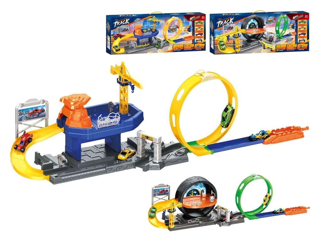 Игровой автотрек 2 в 1 с петлей 360°, запуском и 4 машинками, 2 вида