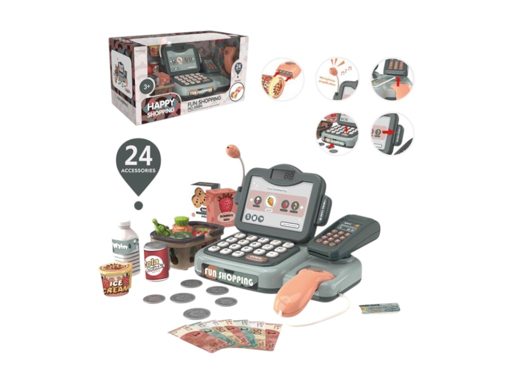 Кассовый аппарат калькулятор, микрофон, сканер, терминал, звук, свет, продукты