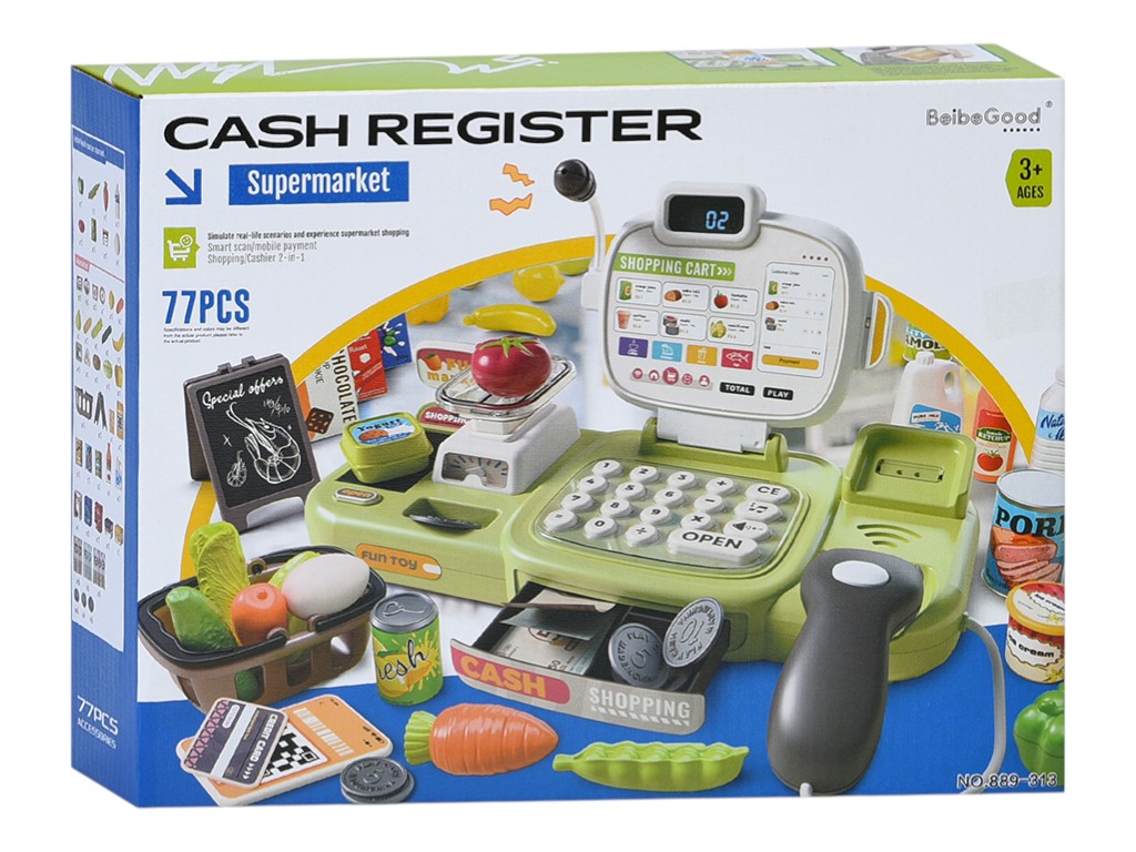 Кассовый аппарат 889-312-313, калькулятор, сканер, звук(англ), весы, продукты с корзиной, 2 вида