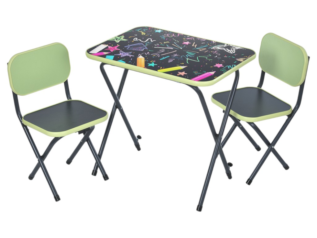 Детский складной стол Creative-light-green салатовый, с 2 стульчиками, МДФ, дизайн Карандаши