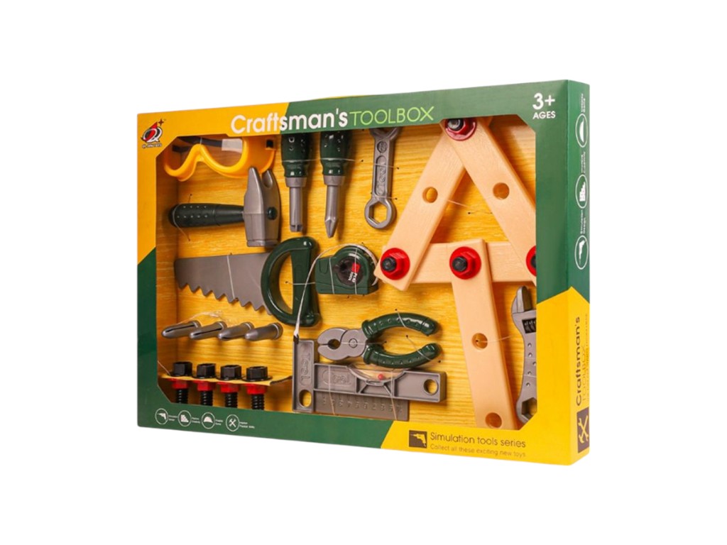 Набор инструментов, пила, плоскогубцы, молоток, отвертка, рулетка, очки