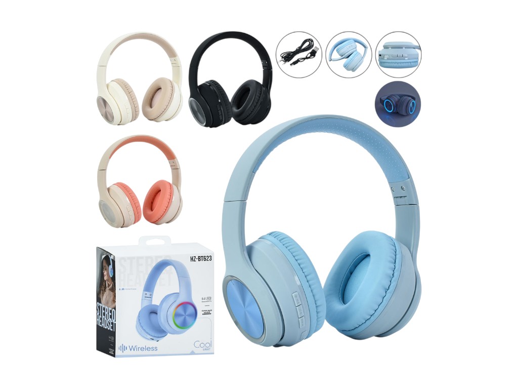 Наушники беспроводные Bluetooth, акум, TFслот, FM, свет, USB зарядное, 4 цвета
