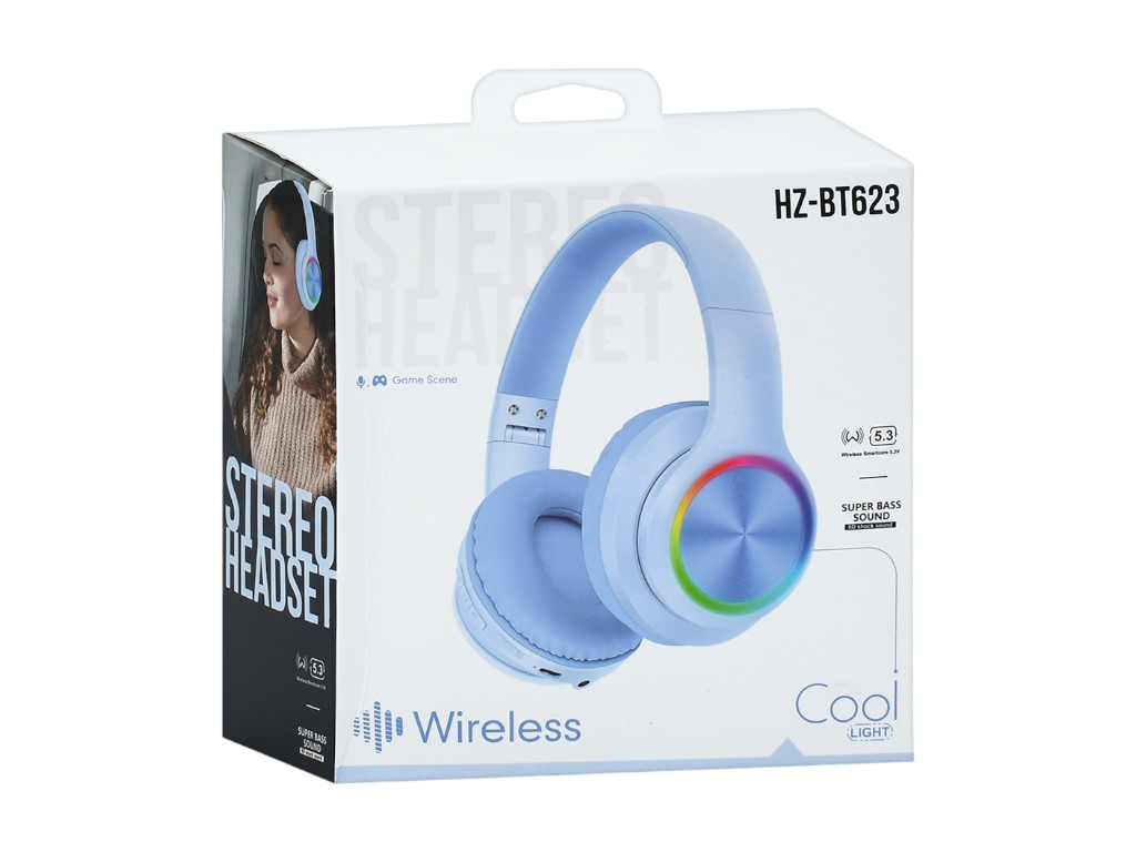 Наушники беспроводные Bluetooth, акум, TFслот, FM, свет, USB зарядное, 4 цвета