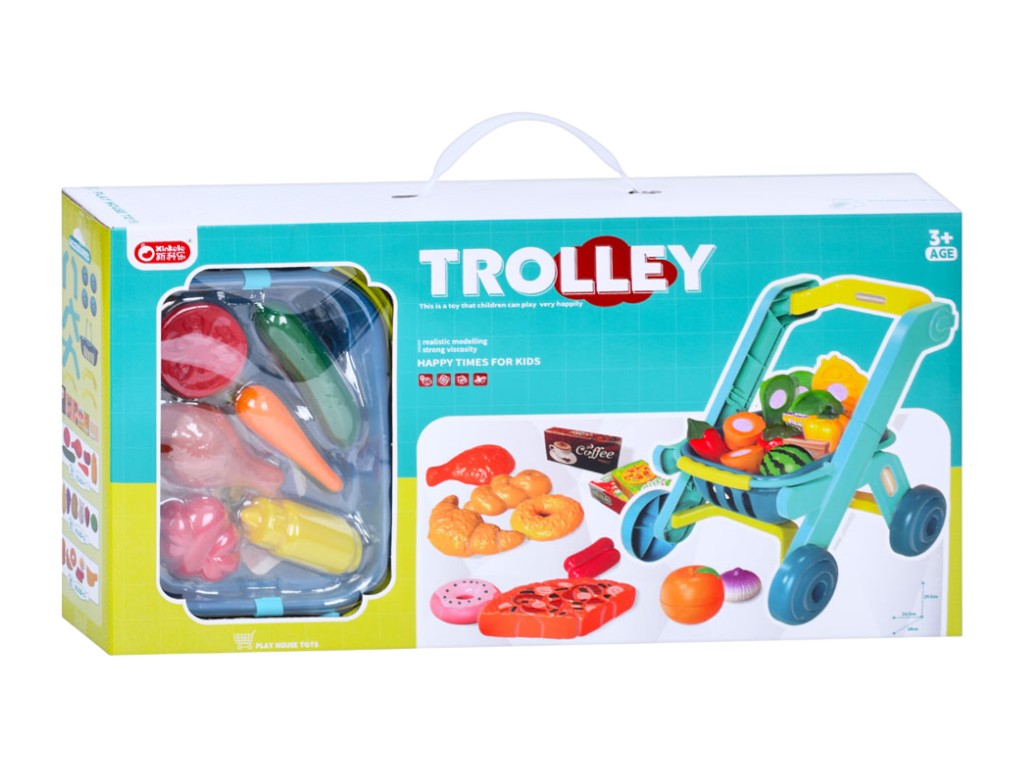 Тележка для покупок 2 в 1 с корзиной и игрушечными продуктами, 3 цвета