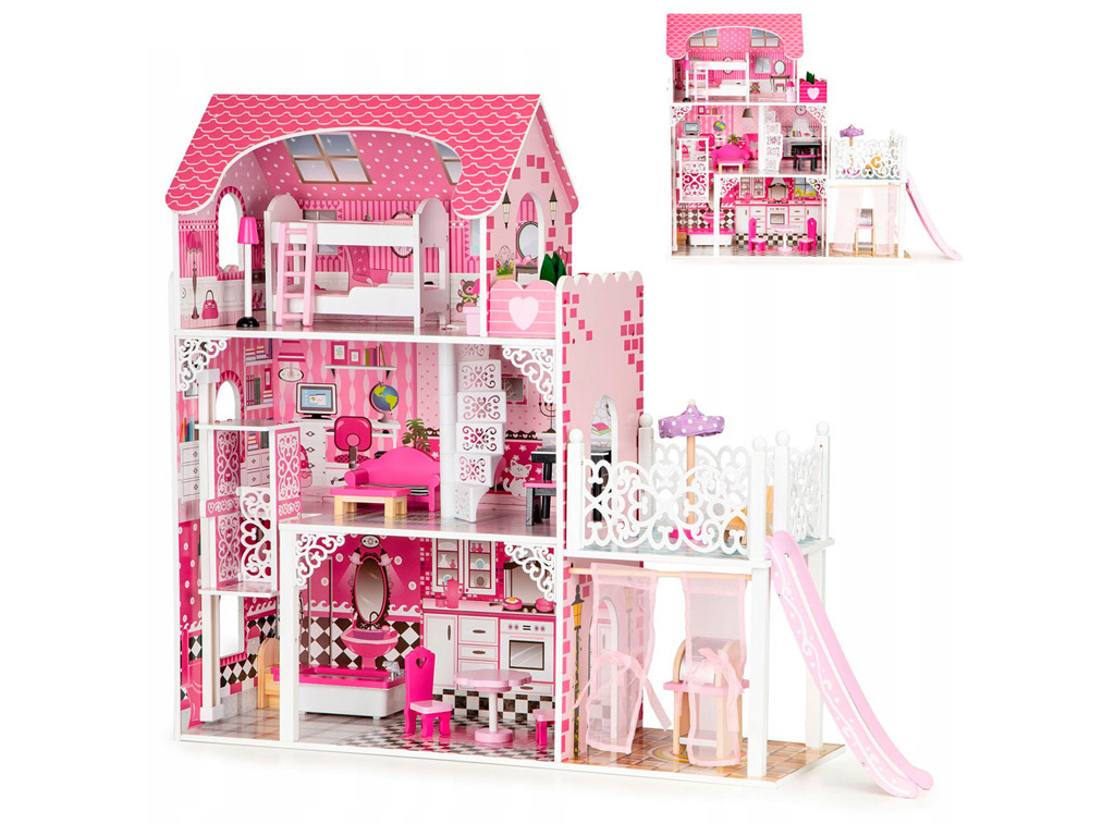 Дом для кукол деревянный MD 0159, 108 см, 3 этажа с мебелью и горкой, BabyToys