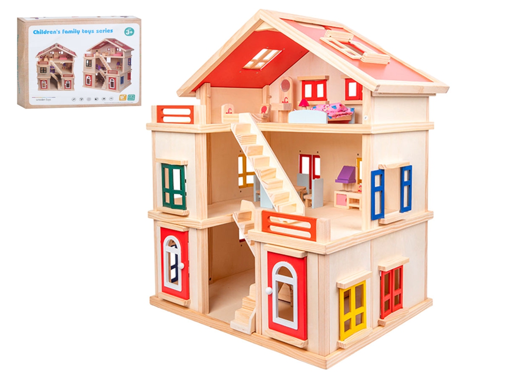 Деревянная игрушка Домик 63,5-44-в73см, 3 этажа, мебель, MD 0163