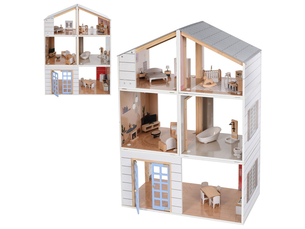 Дом для кукол деревянный MD 0750, 90 см, 3 этажа с мебелью, BabyToys